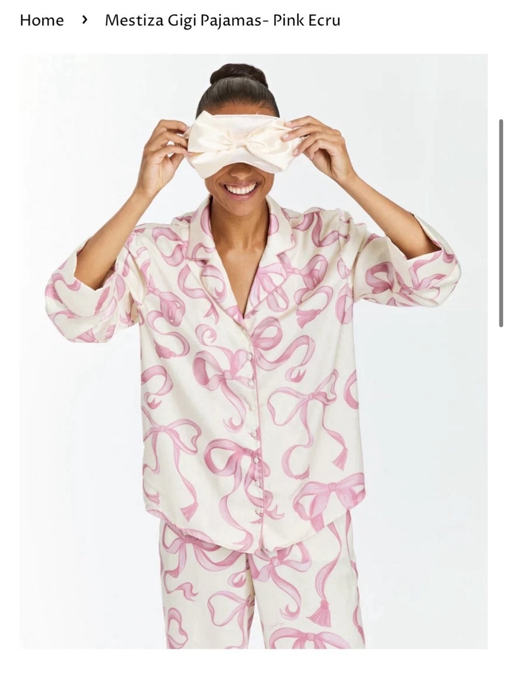 NEW Women’s Mestiza New York satin 2 pc Gigi Pajama Set - Pink & Ecru Ribbons L